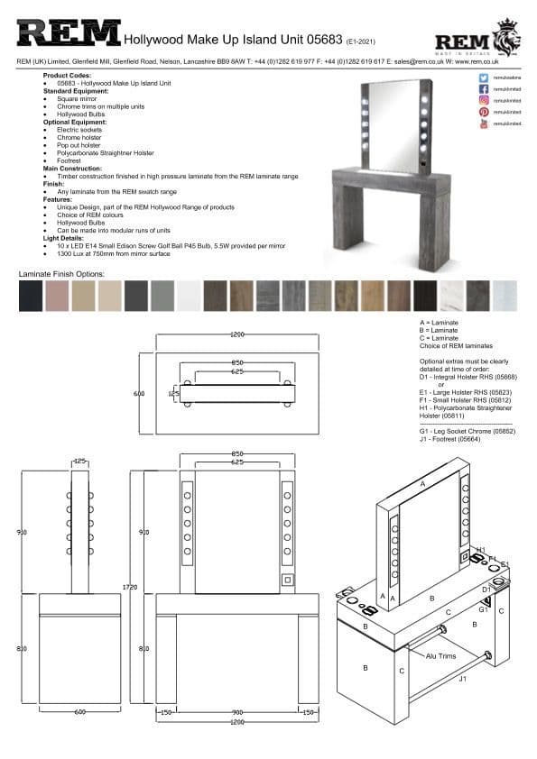 REM Hollywood Freestanding 1 Position Wall Unit with Make Up Mirror