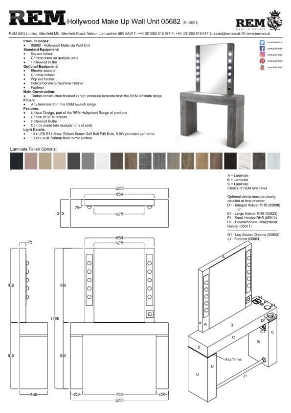 REM Hollywood Freestanding 2 Position Wall Unit with Make Up Mirror