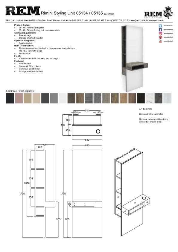REM Rimini Wall Mounted Styling Unit with Rear Storage No Lower Mirror